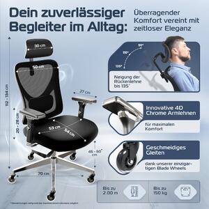 CLOUVOU CleverSeat Sedia da ufficio ergonomica Sedia da scrivania regolabile in altezza, braccioli 4D, poggiatesta 3D, + cuscino per la schiena [N. 1 in termini di rapporto qualità-prezzo]