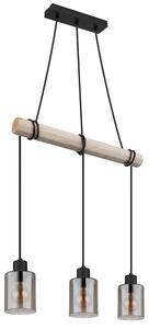 Lampada a sospensione, travi in legno, vetro color fumo, H 140 cm
