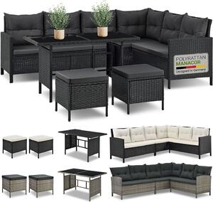Juskys Polyrattan Lounge Manacor - Divano, tavolo, sgabello e cuscini - Nero e grigio