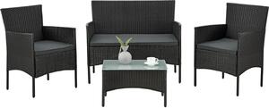 Juskys Set di mobili da giardino in polyrattan Fort Myers - Tavolo, divano e 2 sedie - Nero Grigio