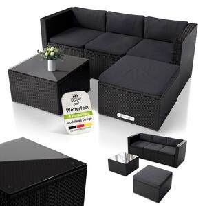 Juskys Polyrattan Lounge Punta Cana M nero - Set da giardino per 3-4 persone - Gruppo di sedute con divano, tavolo e sgabello - Coprisedili grigio scuro