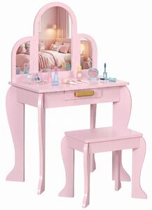 HOMCOM Tavolo per Trucco per Bambine 3-6 Anni con Sgabello, Cassetti e Specchio Coordinato in Acrilico, in MDF e Legno di Pino, Rosa|Aosom