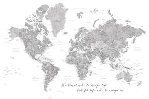 Mappa We travel not to escape life gray world map with cities, Blursbyai, (40 x 26.7 cm)