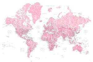 Mappa Detailed pink watercolor world map Damla, Blursbyai, (40 x 26.7 cm)