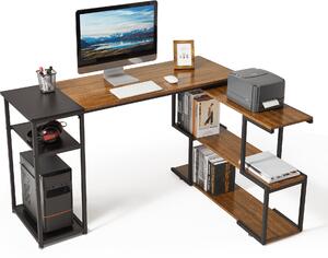 Scrivania per computer Mondeer a forma di L, scrivania angolare con libreria girevole a 360 gradi e 2 ripiani; scrivania da ufficio, 135,5 x 110 x 75,5 cm