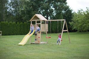 Wendi Toys Torre da gioco in legno Pinguino con scivolo, parete da arrampicata, 2 altalene e sabbiera Naturale 280x340x270 cm