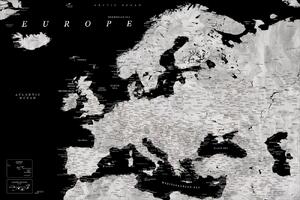 Mappa Black and grey detailed map of Europe in watercolor, Blursbyai, (40 x 26.7 cm)
