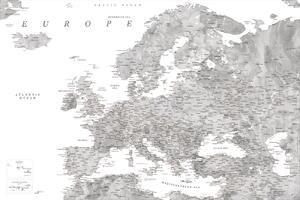 Mappa Detailed map of Europe in gray watercolor, Blursbyai, (40 x 26.7 cm)