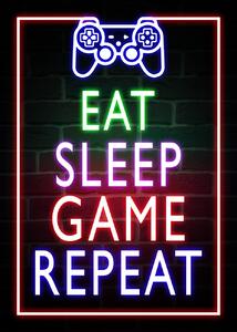 Stampa d'arte Eat Sleep Game Repeat-Gaming Neon Quote, (30 x 40 cm)
