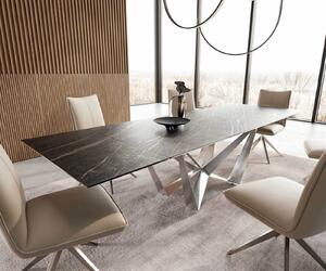 Tavolo da pranzo DELIFE Edge, dimensioni 200-300x100 cm, piano in laminato Keramik Laminam® nero "Desir", gambe in acciaio "Spider", struttura in acciaio inossidabile, allungabile