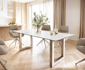 Tavolo da pranzo DELIFE Edge, 200x100 cm, piano in laminato ceramico Laminam® effetto marmo statuario bianco, struttura in acciaio inossidabile