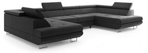Set di divani a U – Divano angolare Miami in tessuto nero con letto, contenitore, regolazione della testiera, divano letto, divano letto grande