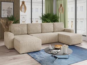 Zona giorno Roma con funzione letto - divano a U, divano letto con rete, set di divani con funzione letto, divano grande, tessuto a coste (Beige (Poso 100))