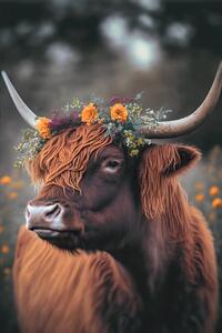 Fotografia artistica Highland Cow With Flowers, Treechild, (26.7 x 40 cm)