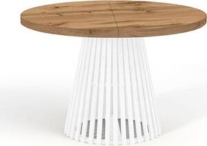 Tavolo da pranzo rotondo bianco DOVER, 100/150 cm, allungabile, impiallacciato in rovere Wotan con listelli – stile industriale, stile loft