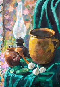 Illustrazione still life with ceramic pots and kerosene lamp, VvoeVale, (26.7 x 40 cm)