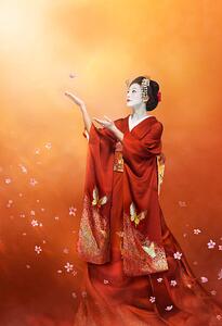Stampa d'arte Geisha in long red kimono catching a cherry blosso, Coneyl Jay, (26.7 x 40 cm)