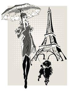 Illustrazione illustration Fashion woman near Eiffel Tower, glafira, (30 x 40 cm)