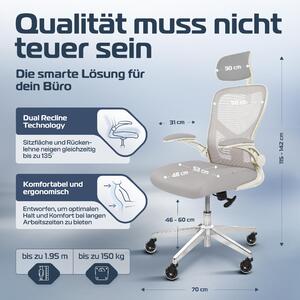 Sedia da ufficio CLOUVO SmartSeat bianco crema, sedia ergonomica da scrivania, sedia direzionale, sedia da gioco, sedia girevole 150 kg - regolabile individualmente