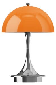 Lampada da tavolo Louis Poulsen Panthella 160 portatile, finitura cromata, paralume in vetro opale arancione