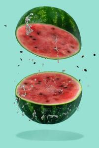 Fotografia artistica Watermelon sliced flying on pastel green, Amax Photo, (26.7 x 40 cm)