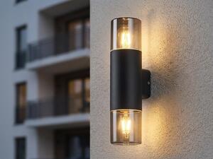 Moderna lampada da parete per esterni a LED Up and Down, in alluminio nero e fumé, altezza 33 cm