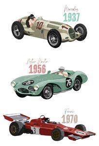 Illustrazione Vintage Racecars, Goed Blauw, (30 x 40 cm)