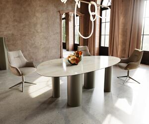 DELIFE Tavolo da pranzo Edge ovale, 220x120 cm, piano in Vetroceramica Iris FMG, finitura Onice Oro, struttura in metallo con effetto titanio