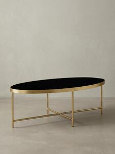 Tavolino "Vils", ovale, piano in vetro, struttura in metallo filigranato, nero/oro. 110x56x40 cm | Kadima Design