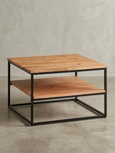Tavolino industriale in legno di acacia e gambe in metallo, design salvaspazio, realizzato a mano, 2 ripiani. 60x60x41 cm | Kadima Design