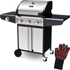 Deluxe4home® Carrello per barbecue a gas con coperchio I 3+1 bruciatori laterali XXL barbecue ripiano laterale arrotolabile I incl. guanto da barbecue e termometro da barbecue