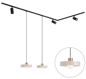 Sistema a binario moderno nero con 2 lampade a sospensione bianche e 3 faretti monofase - Iconic Jeana Luxe Jina