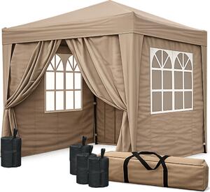 Gazebo pieghevole 2,5 x 2,5 m marrone-beige con 4 zavorre, 4 pareti laterali Easy-Klett (2 cerniere, 2 finestre), gazebo pop-up pieghevole, con borsa per il trasporto
