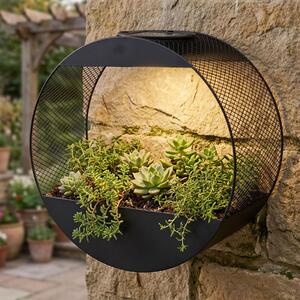 Lampada da parete solare Levandeo con vaso per fiori in metallo nero - Lampada da giardino a LED dal design industriale