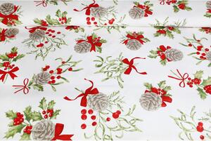Tessuto decorativo natalizio in cotone con pigne, agrifoglio e fiocchi rossi su sfondo bianco