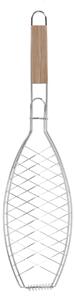 Esschert Design porta pesce da barbecue 58 cm in acciaio inox e legno di frassino