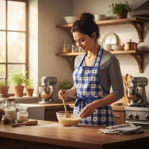 Grembiule da cucina in cotone blu con cuori
