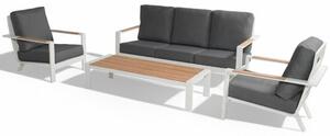 Salotto da giardino in alluminio bianco 2 poltrone 1 tavolino e 1 divano con cuscini Croba