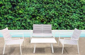 Salotto da esterno giardino 4 posti con struttura in acciaio e textilene con tavolino effetto doghe Kentucky - White