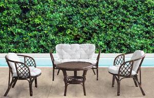 Salotto da giardino 4 posti con struttura in legno bamboo intrecciati con vimini e tavolino tondo Enea - SaddleBrown