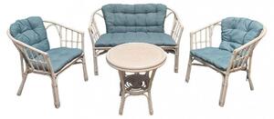 Salotto da esterno 4 posti con cuscini imbottiti e struttura in legno wicker con tavolino - Bianco e azzurro