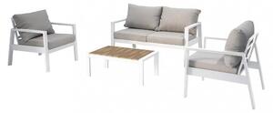 Salotto da esterno struttura in alluminio bianco 1 divano 2 poltrone e 1 tavolino con cuscini Parama