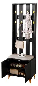 Armadio 3 in 1 con spazio per scarpe, 8 ganci doppi per cappotti, panca imbottita rivestita in lino, design rialzato con piedi in metallo dorato, colore nero