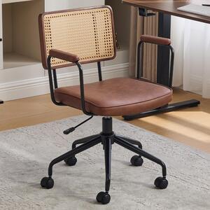 Sedia da ufficio vintage, girevole a 360°, con schienale in rattan, seduta e braccioli in ecopelle