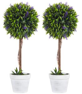 HOMCOM Set 2 Piante Artificiali Verdi a Sfera con Fiori di Lavanda e Vaso con Muschio e Cemento, Ø24x60 cm