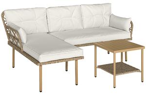 Outsunny Set da Giardino 3pz con Chaise Longue, Divanetto, Cuscini e Tavolino, in Rattan e Acciaio, Bianco Crema e Legno | Aosom Italy