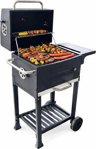 Barbecue a carbonella con coperchio e camino, doppia griglia cromata, regolazione della temperatura, cassetto raccogli cenere, ripiano laterale, robusta struttura in acciaio, cottura indiretta