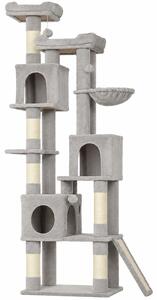 Albero Tiragraffi 60x40x200 cm con Pali in Sisal 2 Cucce 3 Casette e Amaca in Truciolare e Peluche Grigio Chiaro