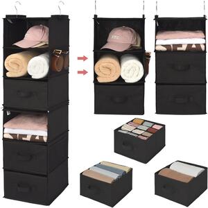 Organizzatore da appendere in tessuto, con 3 cassetti e 4 tasche laterali, colore nero, modulare, altezza 120 cm