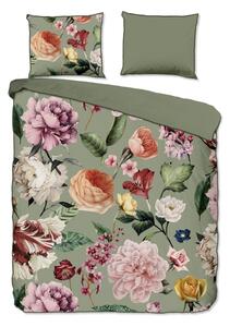 Set copripiumino e federa verde in raso di cotone per letto matrimoniale ed esteso 200x220 cm Fiori – Descanso